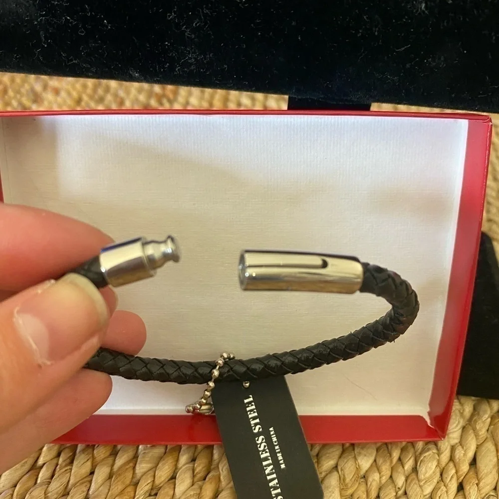New In Box Men's Black Woven Leather Bracelet with Silver Clasp